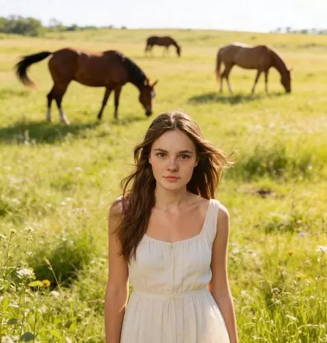 AI Video from prompt: a girl is walking towards us. her hair and dress