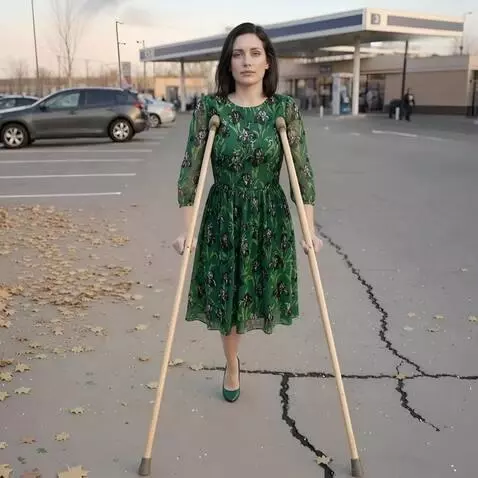 AI Video from prompt: A very beautiful one-legged woman is walking tow