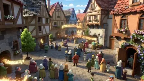 AI Video from prompt: Joyful scene: colorful townspeople in medieval p