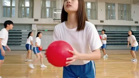AI Video from prompt: A 18 yo skinny girl, in school sports court, whi