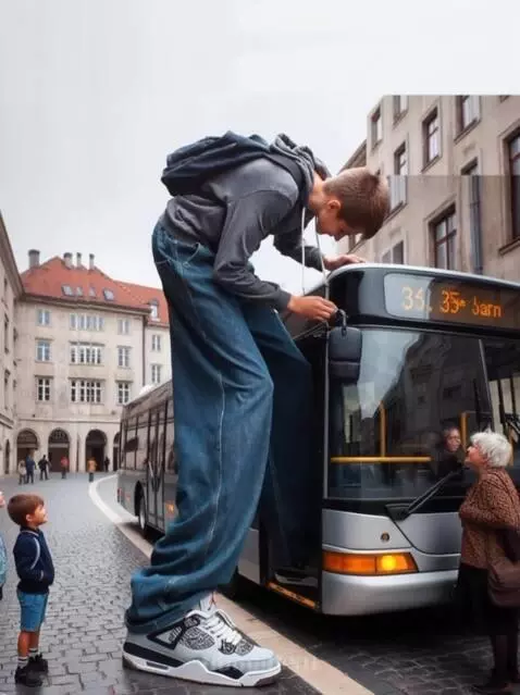 AI Video from prompt: The tallest boy gets on the bus, but since he is