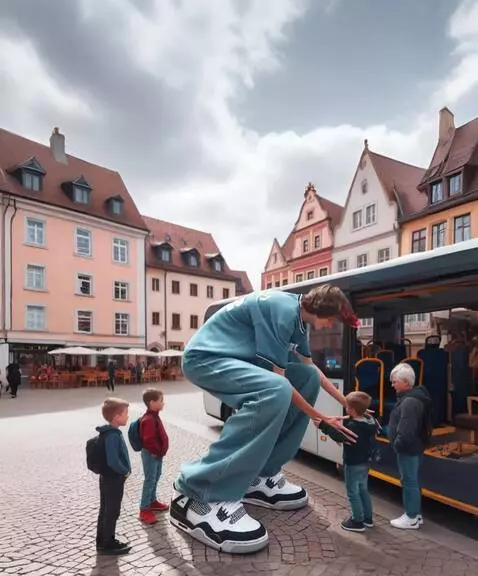 AI Video from prompt: A tall boy sits down on the street, picks up a s