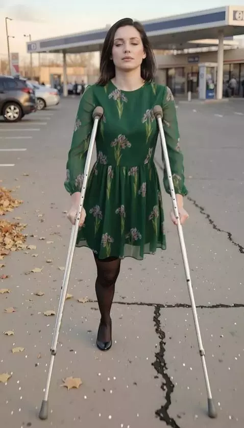 AI Video from prompt: A very beautiful one-legged woman is walking tow