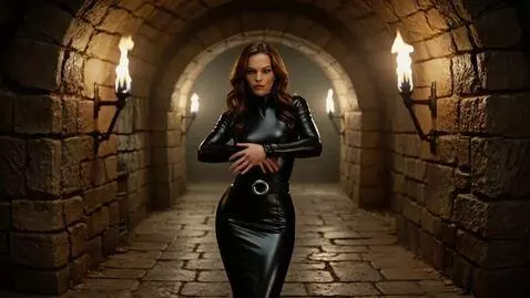 AI Video from prompt: She stands in a creepy vaulted cellar, illuminat
