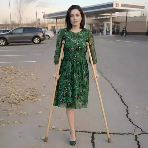 AI Video from prompt: A very beautiful one-legged woman stands in fron