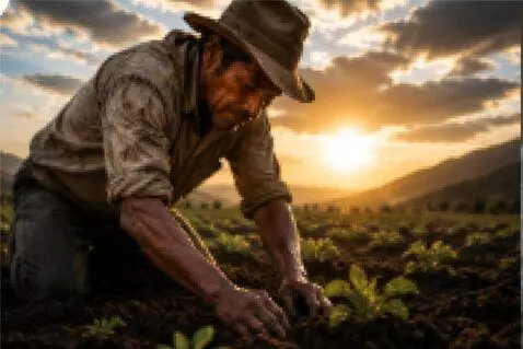 AI Video from prompt: Weathered Peruvian farmer kneeling and touching 