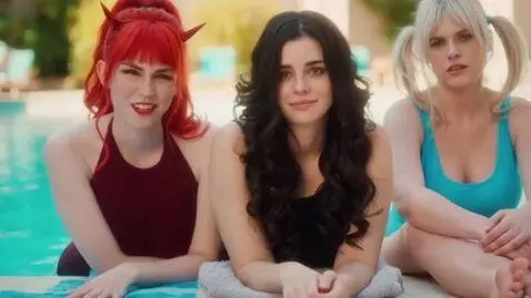 AI Video from prompt: 3girls, pool, 1 girl adult brunette with long ha
