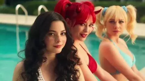 AI Video from prompt: 3girls, pool, 1 girl  brunette with long hair, b