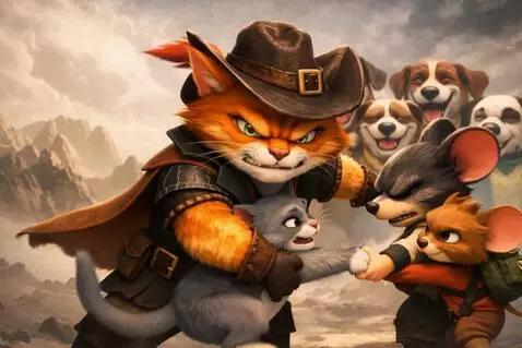 AI Video from prompt: Epic cartoon standoff — swashbuckler cat drags g