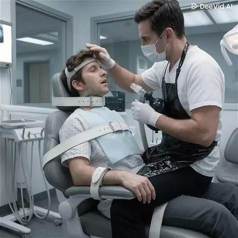 AI Video from prompt: The dentist pumps oxygen by squeezing the blah r