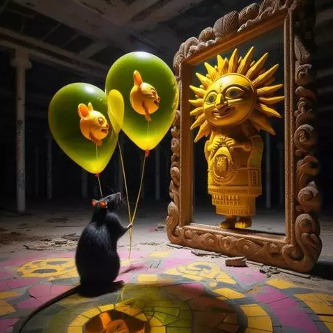 AI Video from prompt: The sun man blinks and walks from the carved fra