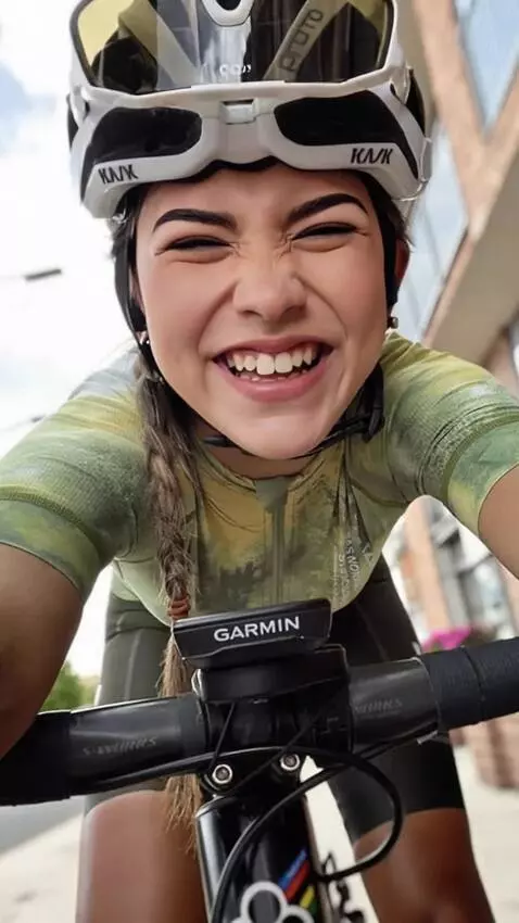 AI Video from prompt: A girl is riding a bicycle, moving her body as s