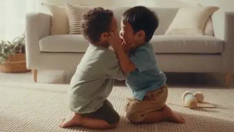 AI Video from prompt: two toddler boys,barefoot,pinching each others f