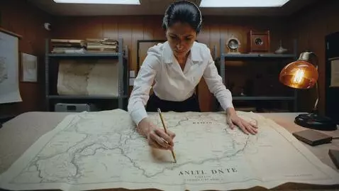 AI Video from prompt: A survey office, colonial-era map spread across 