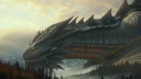 AI Video from prompt: A panning drone shot of a colossal dragon with a