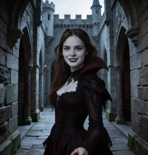AI Video from prompt: the girl - a vampire - slightly bares her teeth 