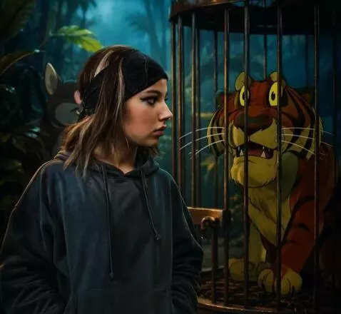 AI Video from prompt: The tiger asks the girl to save him. The jackal 