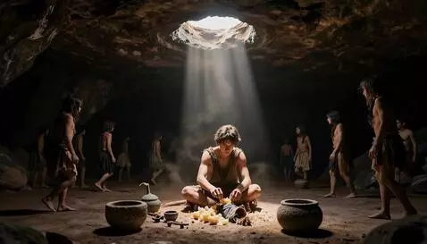 AI Video from prompt: A vast prehistoric cave illuminated only by a si