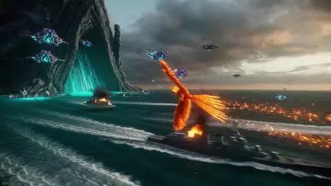 AI Video from prompt: phoenix american anime 3d ocean military vs alie