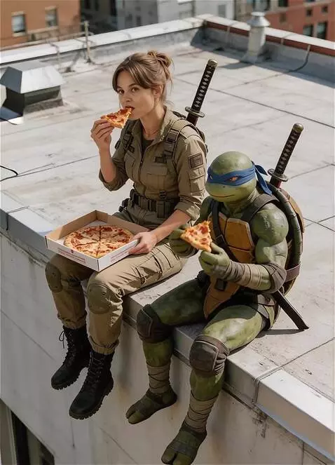 AI Video from prompt: they are sitting and calmly eating pizza