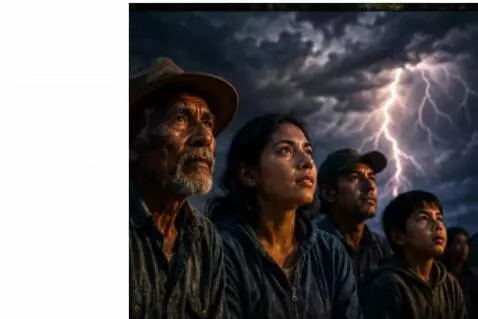 AI Video from prompt: Peruvian faces illuminated by distant lightning,