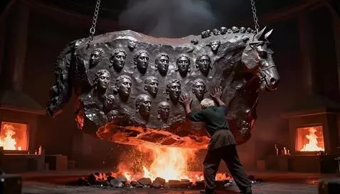 AI Video from prompt: A gigantic elderly blacksmith stands alone insid