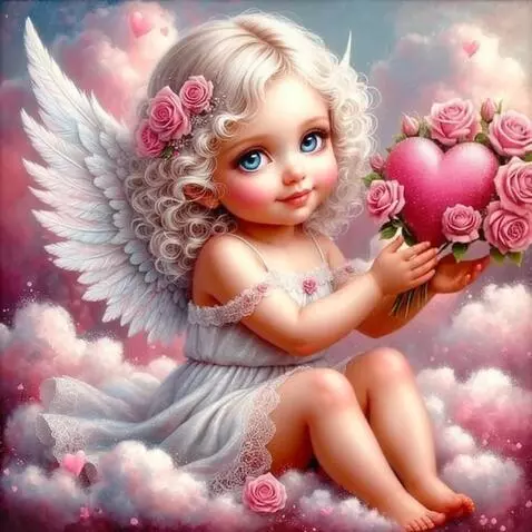 AI Video from prompt: The Angel moves, flaps its wings, smiles and sen