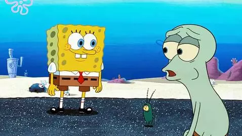 AI Video from prompt: Plankton flips off spongebob. Spongebob says " G