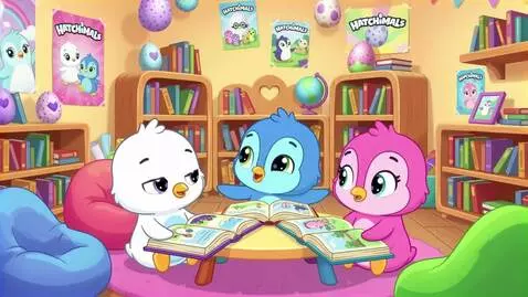 AI Video from prompt: White, Blue, and Pink Pengualas at the book room