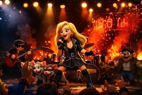 AI Video from prompt: Pixar-style cinematic rock concert scene. Cinder
