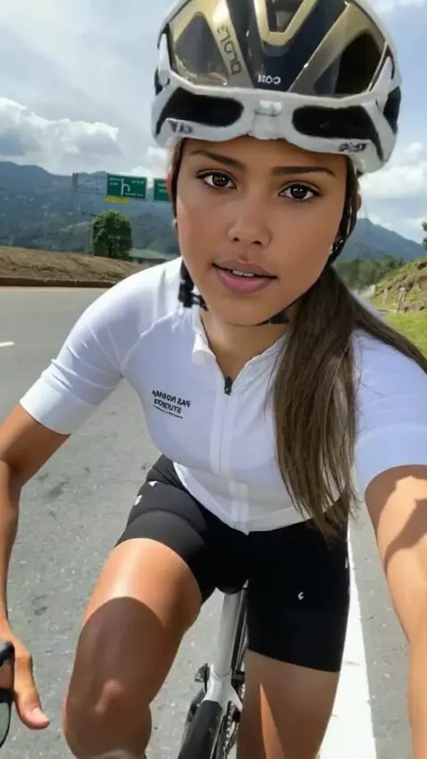AI Video from prompt: A woman with muscular thighs is slowly riding a 