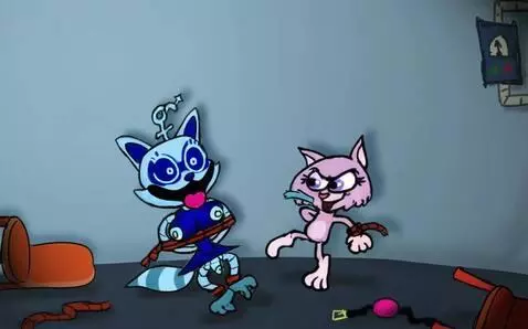 AI Video from prompt: In a big room, a blue robotic raccoon sits on th