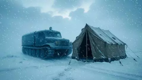 AI Video from prompt: Antarctica, 1959: a car stands motionless in fro