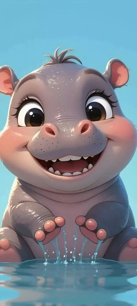 AI Video from prompt: A Gippopotamus moves, smiles and pats the water 