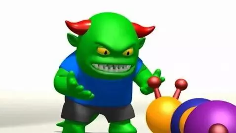 AI Video from prompt: A green monster with red horns grounds caterpill