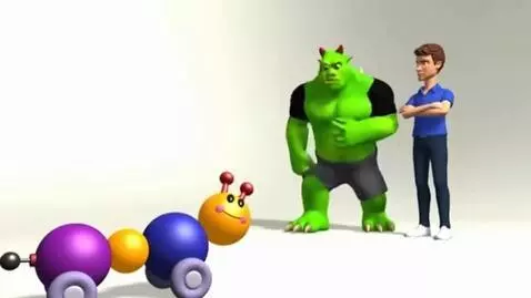 AI Video from prompt: A plotagon guy grounds caterpillar and green mon
