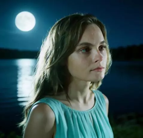 AI Video from prompt: the girl slowly walks along the lake. the moonli