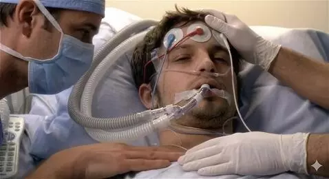 AI Video from prompt: The two male doctors gently rub the patient slow