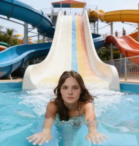 AI Video from prompt: the girl slid down the water slide straight into