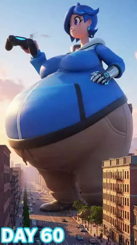 AI Video from prompt: gamer woman becomes gigantic as mountains and fa