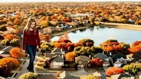 AI Video from prompt: A gigantic girl wearing a dark red shirt, blue p