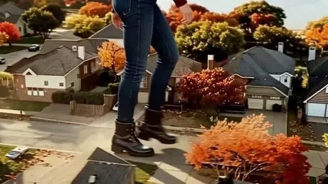 AI Video from prompt: A gigantic girl wearing a dark red shirt, blue p