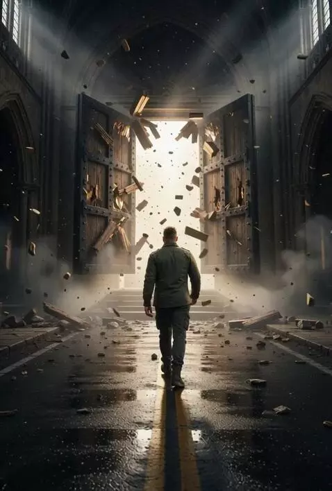 AI Video from prompt: Massive ancient cathedral doors explode open fro