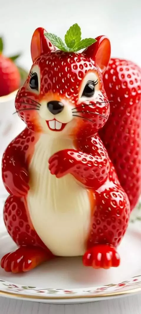 AI Video from prompt: The Squirrel smiles, dances on the plate, and wa