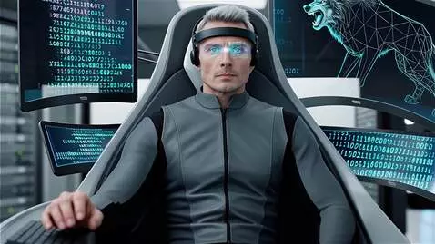 AI Video from prompt: a man, a man of Slavic appearance, in a high-tec