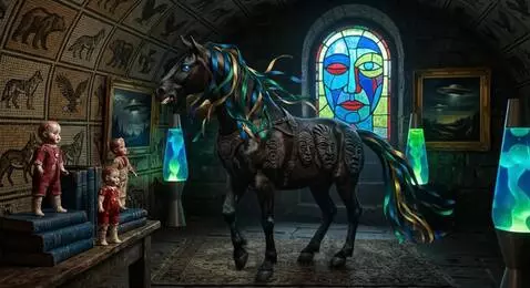 AI Video from prompt: The dolls stand and watch as the horse swishes i