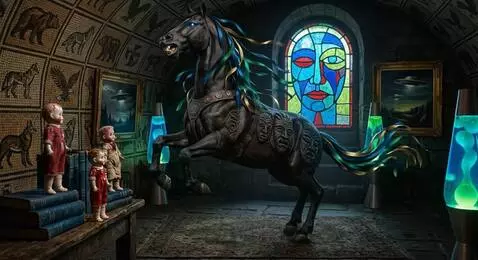 AI Video from prompt: The dolls stand and watch as the horse swishes i