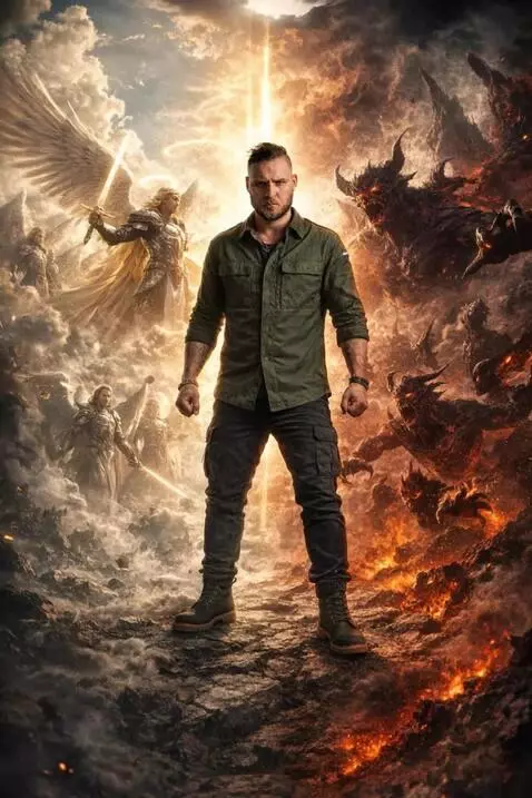 AI Video from prompt: Man standing between heaven and hell, angels on 