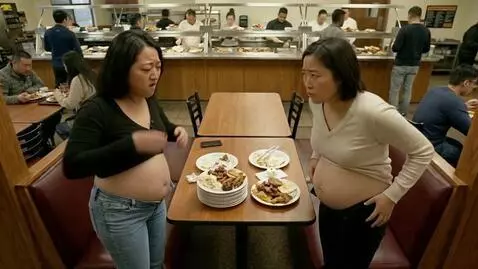AI Video from prompt: Two Asian American woman are at a buffet. They a