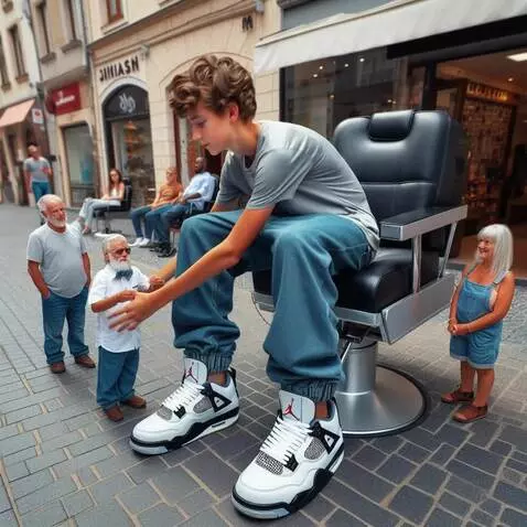 AI Video from prompt: The tall boy turns in his chair to face the litt